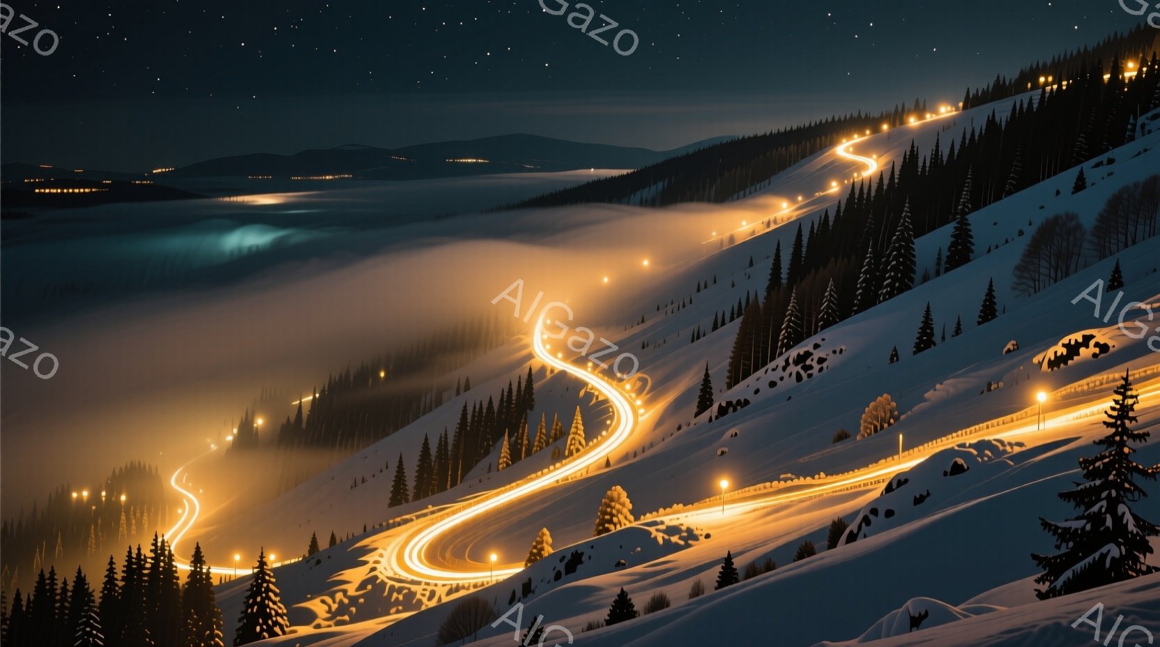 雪に覆われた山々の斜面に、夜間にライトアップされた曲がりくねった道路が写っている。道路沿いには松の木が立ち並び、遠くには霧に包まれた山々が連なっている。全体的に静かで幻想的な雰囲気が漂い、冬の夜の美しさを際立たせている。
