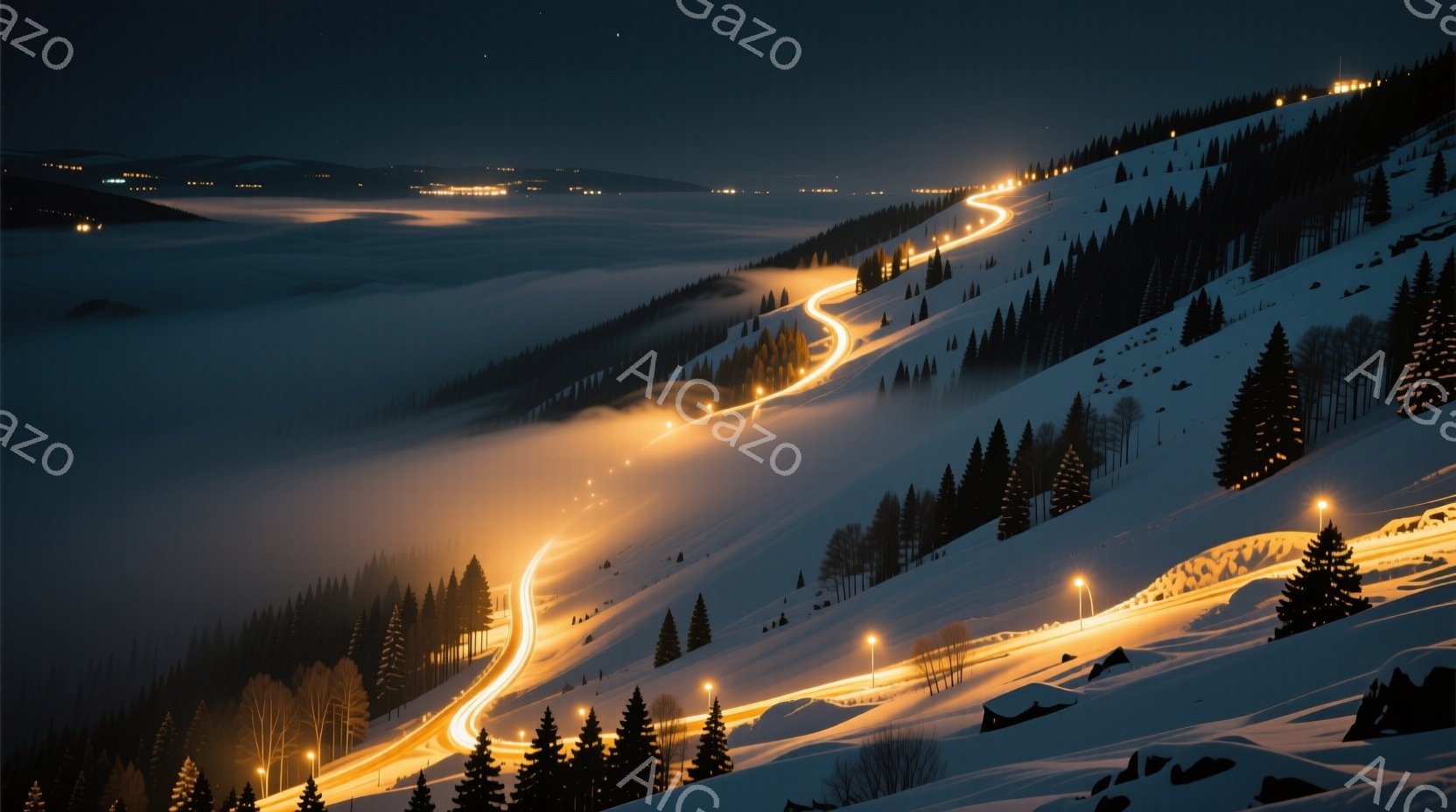 雪深い山々の斜面を、光の筋が蛇行するように走る夜の風景が捉えられている。暗い夜空と雪に照らされた光のコントラストが印象的で、遠くに見える街の明かりが幻想的な雰囲気を醸し出している。周囲は深い森に覆われ、冬の静寂さと夜の美しさが共存した、神秘的な光景である。