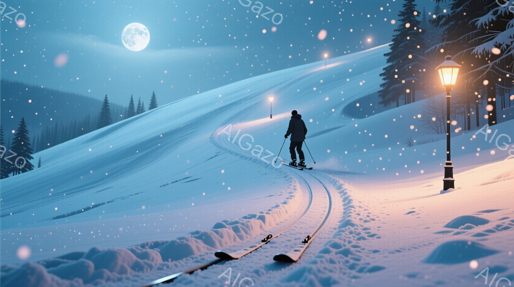 雪深い丘をスキーヤーが滑っている様子が描かれています。彼は黒いスキーウェアに身を包み、丘の斜面を下っており、足跡が雪面に残っています。背景には針葉樹の森が広がり、満月と舞う雪が幻想的な雰囲気を醸し出し - AI生成フリー素材