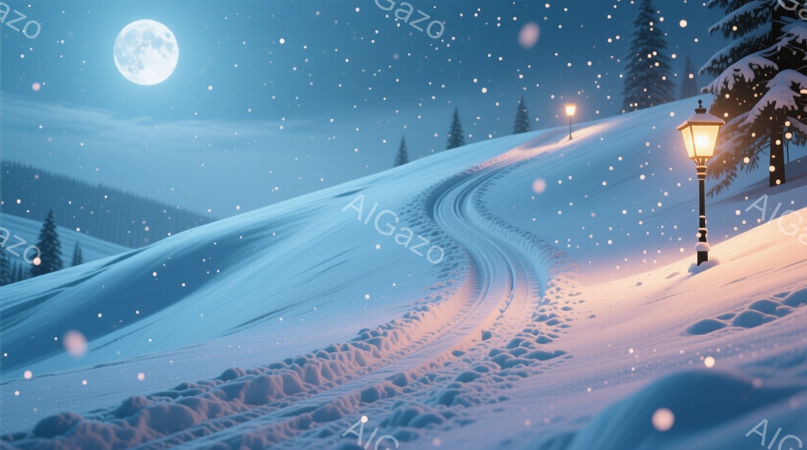 満月の夜、雪に覆われた丘の風景が広がっている。丘には雪の積もった道がうねるように続き、道端には暖かく光る街灯が一つ立っている。背景には雪を抱いた山々がそびえ立ち、降りしきる雪が静寂で幻想的な雰囲気を醸し出している。
