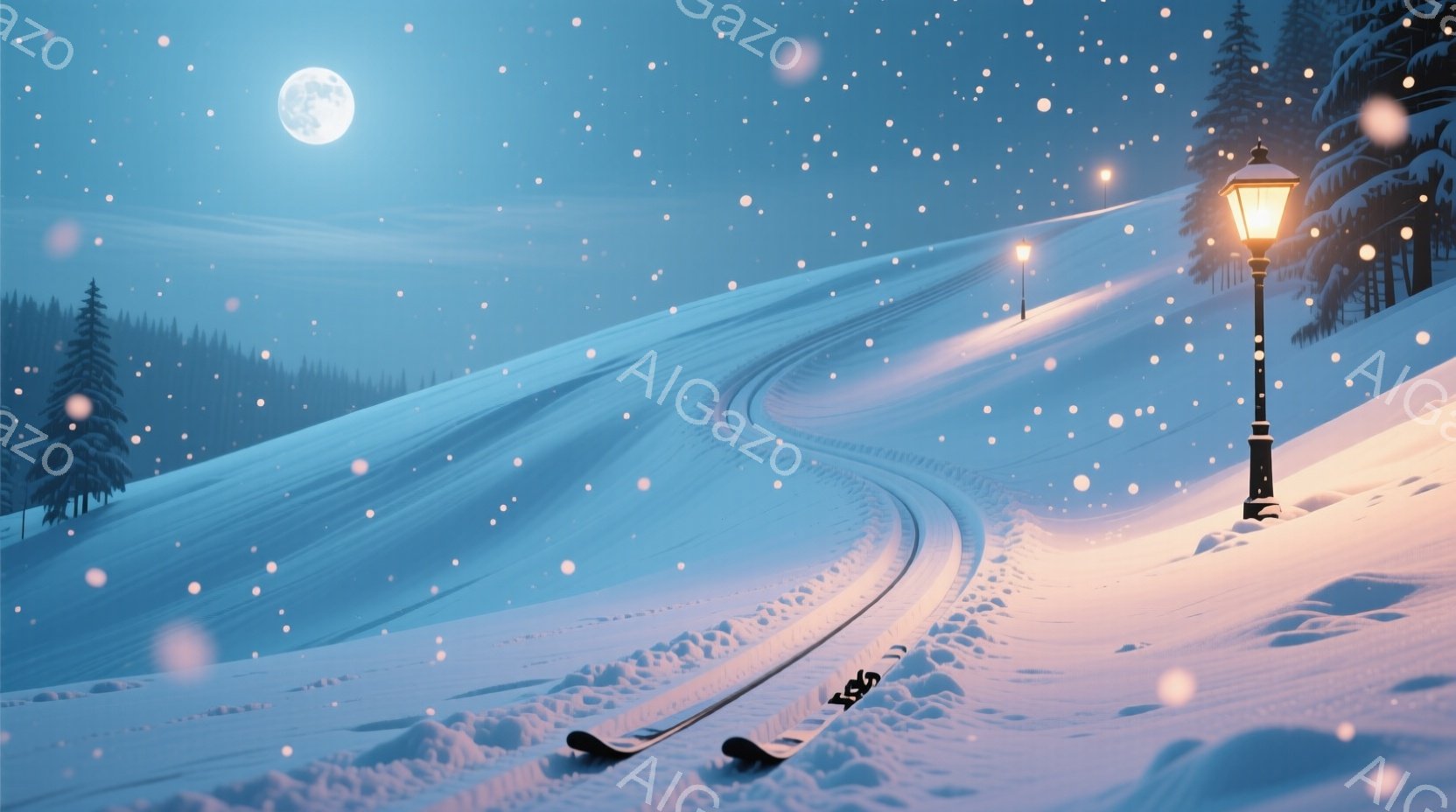 雪に覆われた丘陵地帯をスキー板が横たわっており、夜の静寂が漂っている。背景には針葉樹林が立ち並び、遠くには明るい満月が輝き、丘の斜面には雪の積もった道が蛇行している。ランプポストが雪景色を照らし、全体的に幻想的で穏やかな雰囲気を醸し出している。