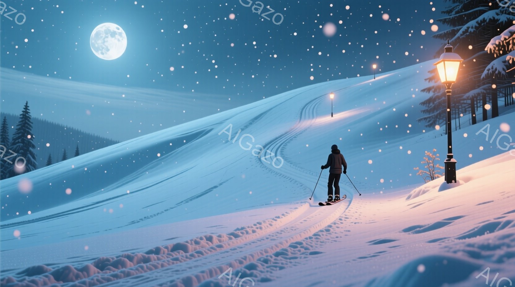 雪深い夜の風景で、スキーヤーが丘を登っている。月明かりと街灯が雪景色を照らし、静寂で幻想的な雰囲気を醸し出している。スキーヤーは黒い服装で、後ろ姿のみが見えるため、表情は不明だが、雪道を力強く進んでいる様子が伝わる。