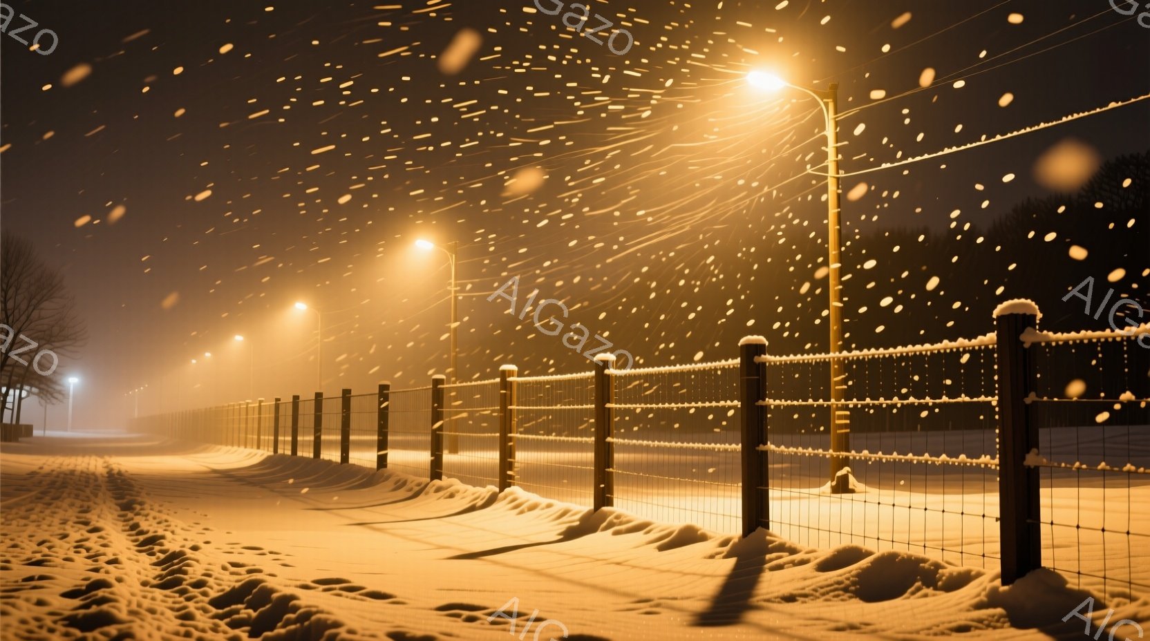 雪が激しく降り積もる夜の風景で、オレンジ色の街灯が雪景色を照らしている。木製の柵が雪に覆われ、道に沿って並び、遠くにはぼんやりと木々のシルエットが見える。全体的に静寂で幻想的な雰囲気が漂い、冬の夜の美しさを際立たせている。