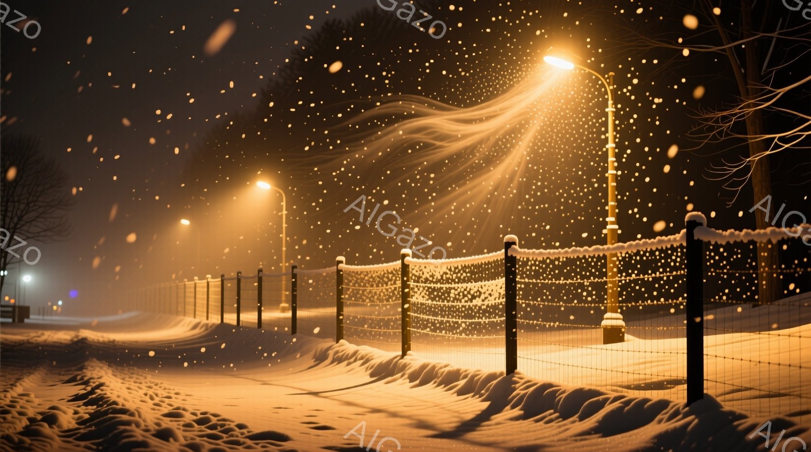 激しい吹雪の中、雪に覆われた遊歩道がオレンジ色の街灯に照らされている。白いフェンスも雪を抱き、冬の静寂と暖かさが共存する幻想的な光景を作り出している。遠景にはぼんやりとした街灯が見え、雪の舞い散る夜の - AI生成フリー素材