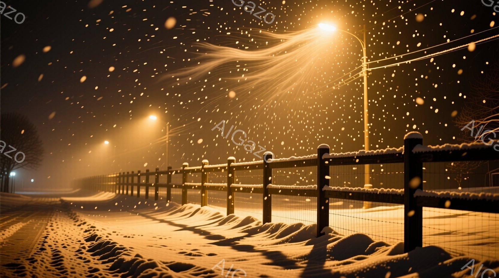 雪が降り積もる夜の風景で、路面は雪に覆われ、遠くに見える街灯が暖かく光を放っている。木製の柵が雪景色の中に横たわり、視覚的な奥行きを生み出している。全体的に、静寂と安らぎを感じさせる冬の夜の情景が描か - AI生成フリー素材