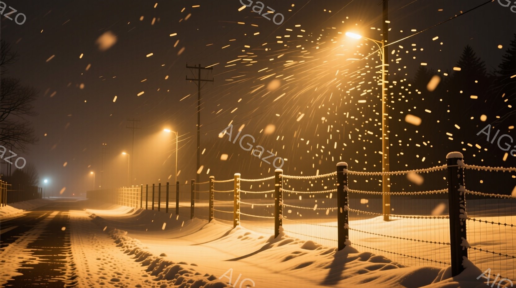 吹雪の夜、雪に覆われた道がオレンジ色の街灯に照らされている。木製の柵が雪に覆われた歩道に沿って続き、遠くにはぼんやりと街灯が見える。雪は激しく降り積もり、視界を遮るほどで、静寂と厳しさが漂う冬の夜の様子が捉えられている。