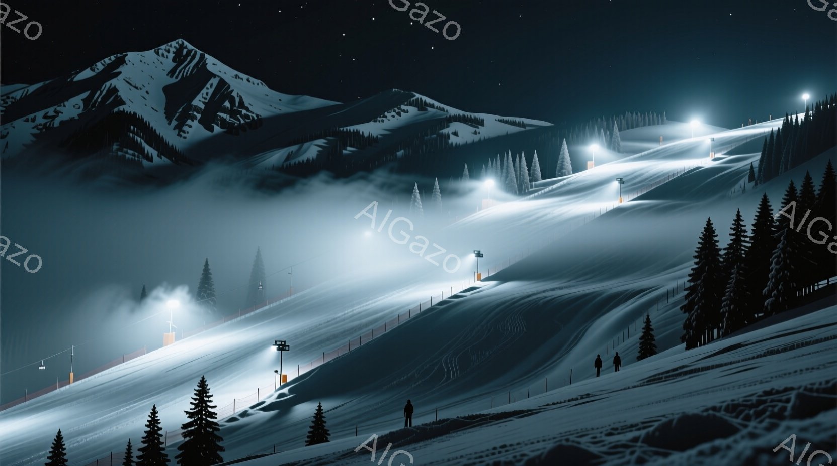 雪に覆われたスキー場の夜景が描かれている。傾斜の強いゲレンデには、数本のライトが点灯し、遠くにはスキーリフトが見える。暗闇の中にシルエットで描かれた人々が数名おり、静かで幻想的な雰囲気を醸し出している - AI生成フリー素材