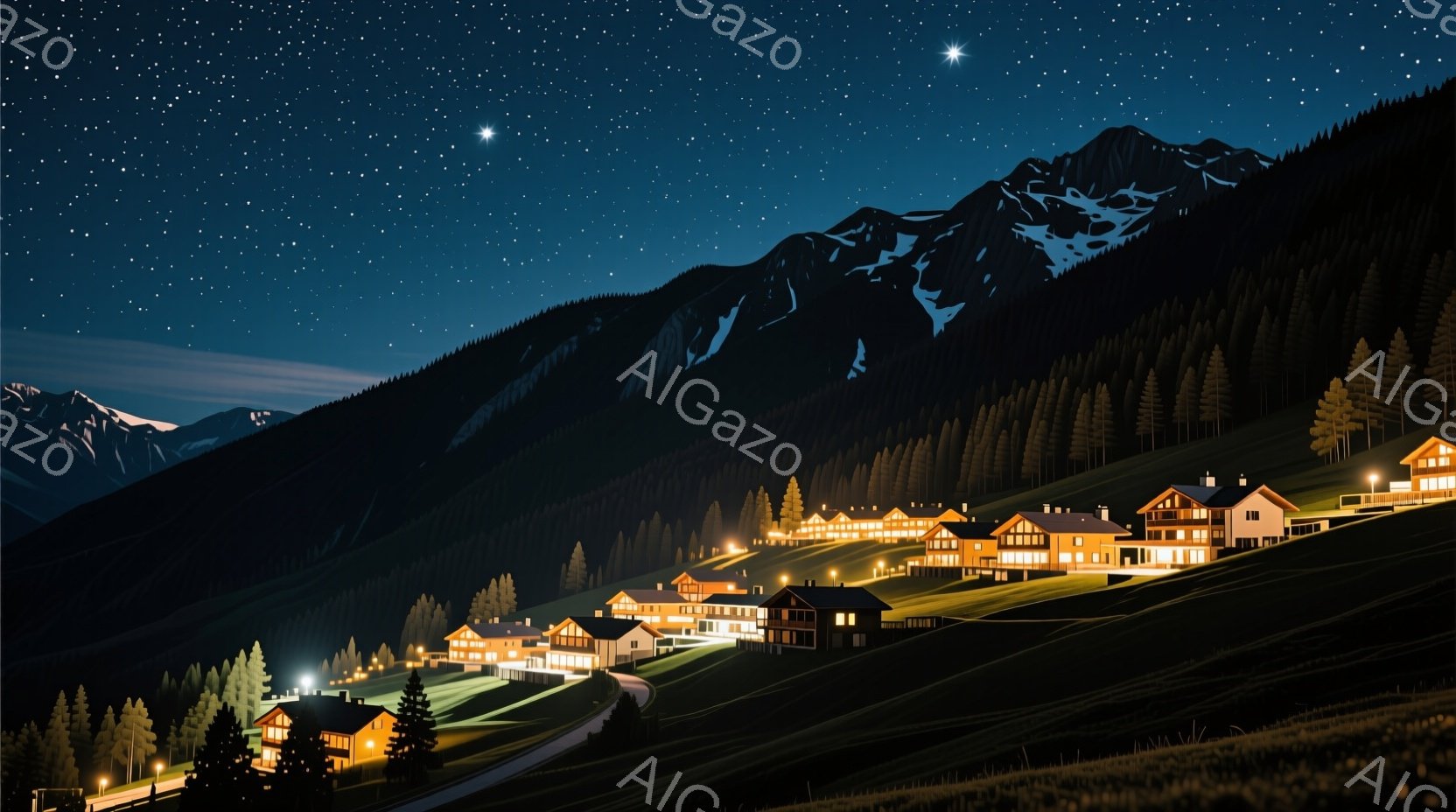 夜の山中に、ライトアップされた可愛らしい山小屋群が連なっている。雪を頂いた山々と暗い緑の森林が背景に広がり、星空が輝いている。全体的に静かで穏やかな、冬の夜の暖かな雰囲気が感じられる。