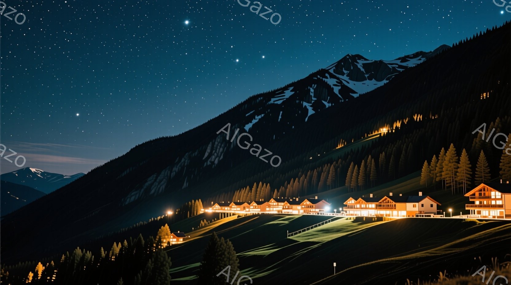 暗い夜空に星が輝き、山腹に建ち並ぶ木造の建物が暖かな光を放っている。建物はスキーリゾートのような雰囲気で、周囲は暗緑色の針葉樹林に囲まれている。夜空と雪山、そして建物から漏れる光が、静寂で幻想的な雰囲気を醸し出している。