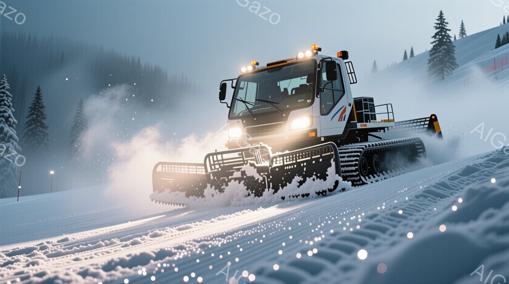 雪に覆われた山肌を、大型の雪上車が力強く登っている様子が描かれている。車体は白を基調とし、オレンジ色のライトが雪景色に映える。背景には針葉樹林が広がり、雪が舞うことで冬の静寂かつダイナミックな雰囲気が漂っている。