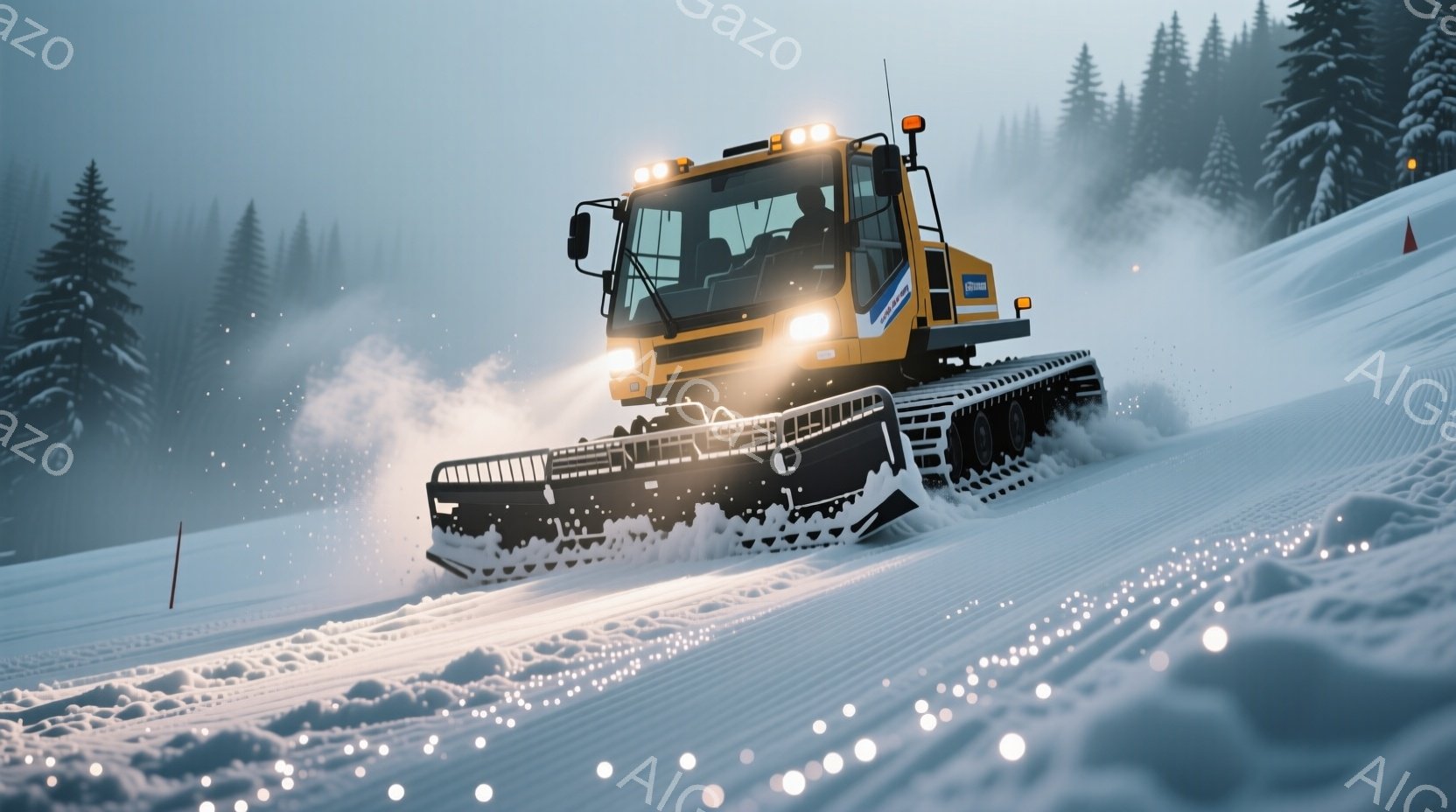 雪が降り積もる山岳地帯を、黄色い雪上車が力強く走行している様子が写っている。雪上車は雪面を切り開き、その背後には雪煙が舞い上がっている。背景には針葉樹の森林が広がり、寒々とした冬の景色を作り出している。