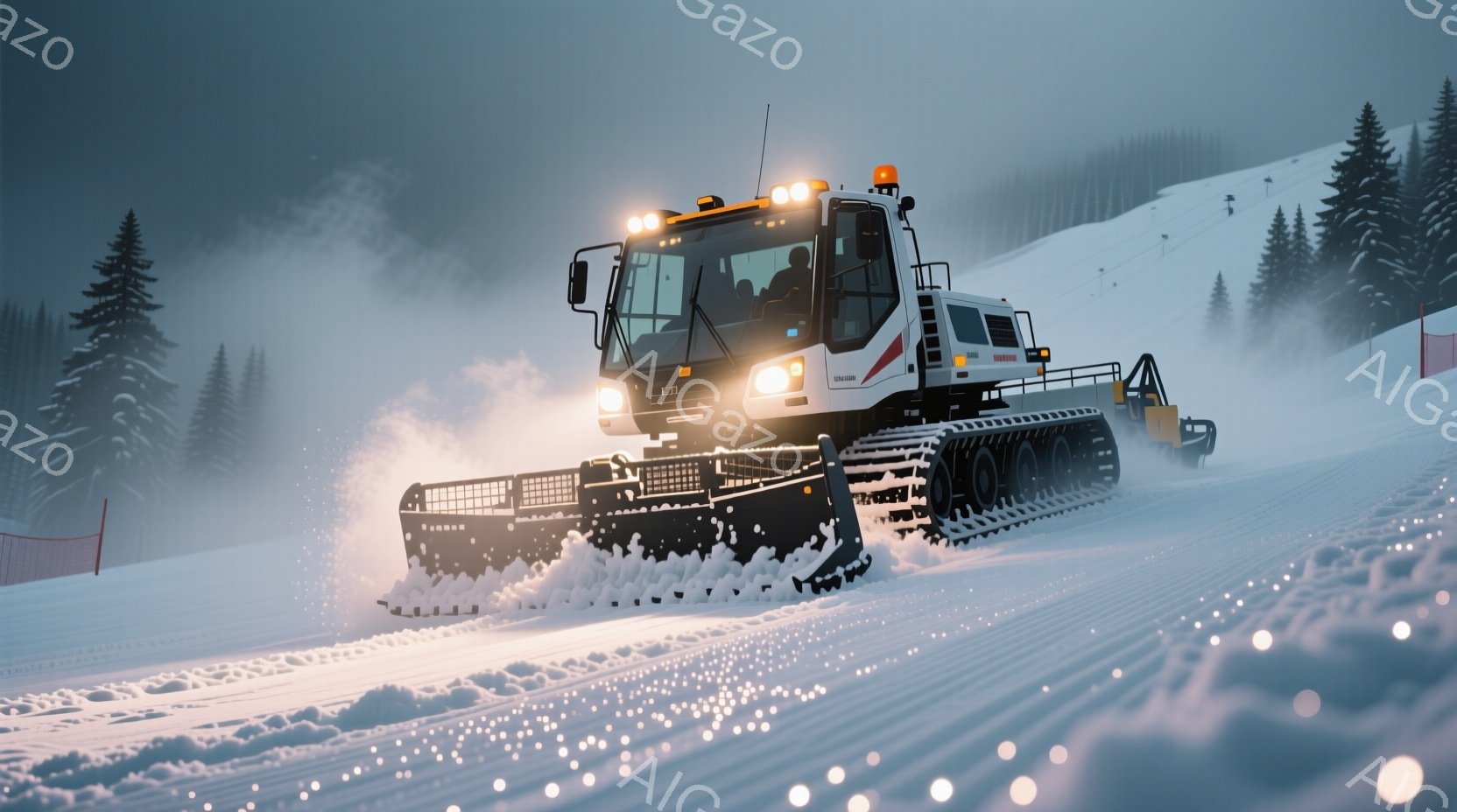 雪深いスキー場で、大型の圧雪車が雪面を整地している様子が描かれている。運転席には作業員がおり、防寒着を着用して作業に集中しているようだ。背景には雪をまとった針葉樹林が広がり、冬の厳しさと静寂を表現している。