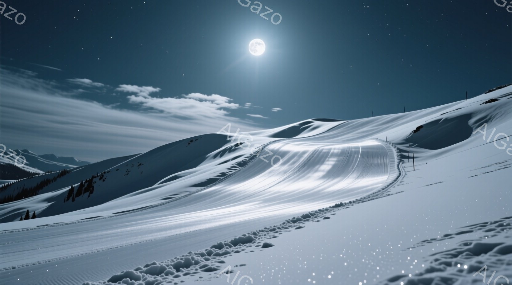 満月の下、雪に覆われた山々が幻想的な光景を呈している。雪原にはスキーヤーが描いた軌跡が残り、遠くには暗いシルエットの木々が見える。夜空には星が輝き、静寂で冷たい冬の雰囲気が漂っている。