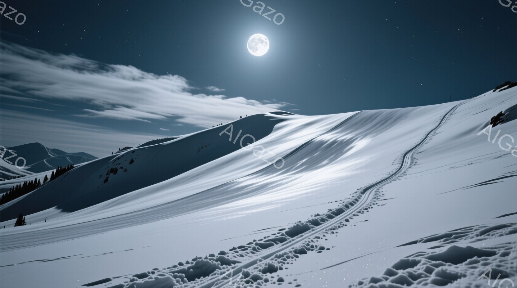 白い雪に覆われた山々が夜空に浮かび、月明かりが雪原を照らしている。雪面にはスキーやスノーボードの軌跡が残り、静寂の中に活動の痕跡が感じられる。背景には暗い森が見え、全体的に静かで幻想的な雰囲気が漂って - AI生成フリー素材