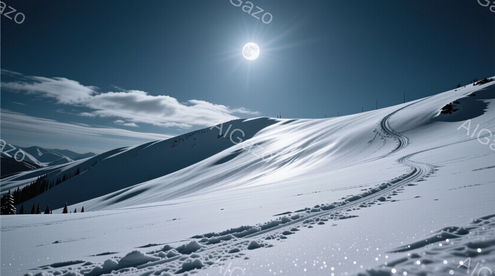 白銀の世界が広がる雪山が印象的な風景です。なだらかな斜面には雪の轍が残り、誰かが滑った痕跡が確認できます。背景にはうっすらと山並みが見え、空には満月が輝き、静寂で神秘的な雰囲気を醸し出しています。