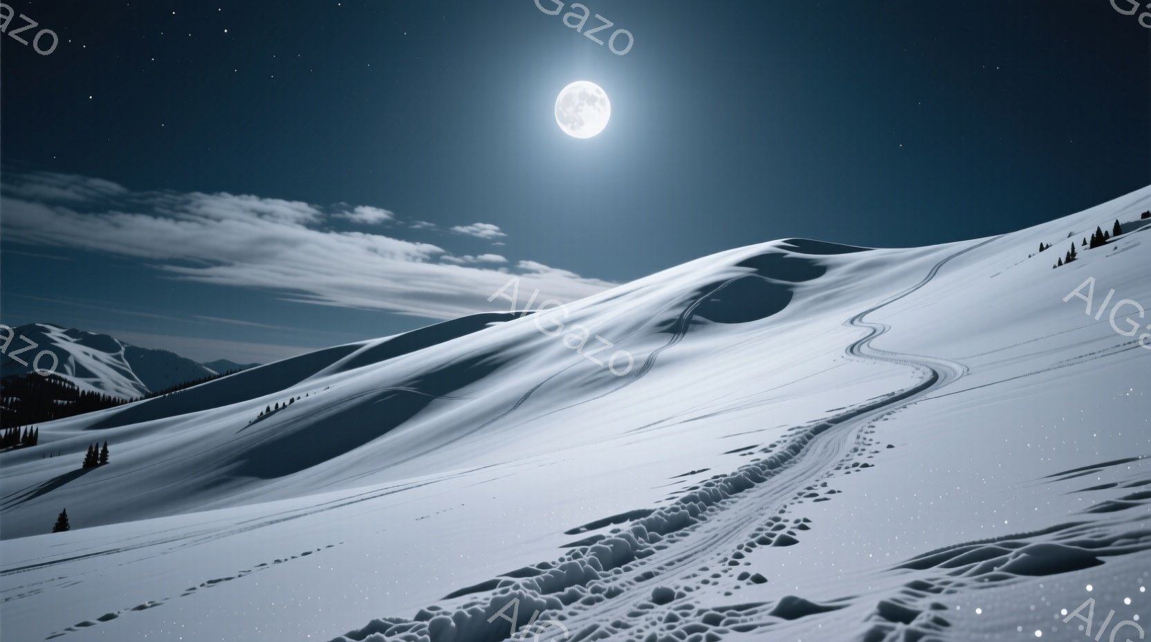 満月の下、雪に覆われた山々が広がり、静寂と神秘的な雰囲気を醸し出しています。斜面にはスキーヤーが描いたトレースが残り、雪原にうねる線が刻まれています。遠くには針葉樹の森が見え、背景には星空が広がり、幻 - AI生成フリー素材