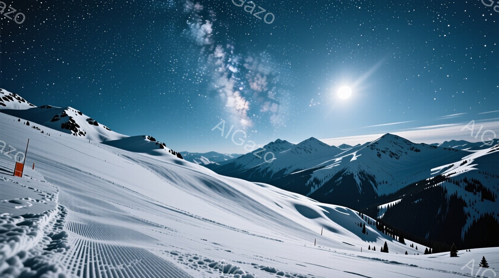 鮮やかな満月と星空の下、雪に覆われた山々が連なる風景です。斜面にはスキーヤーの軌跡が残り、遠くには針葉樹林が見えます。全体的に静寂で神秘的な雰囲気を醸し出しており、冬の夜の美しさが際立っています。 - AI生成フリー素材