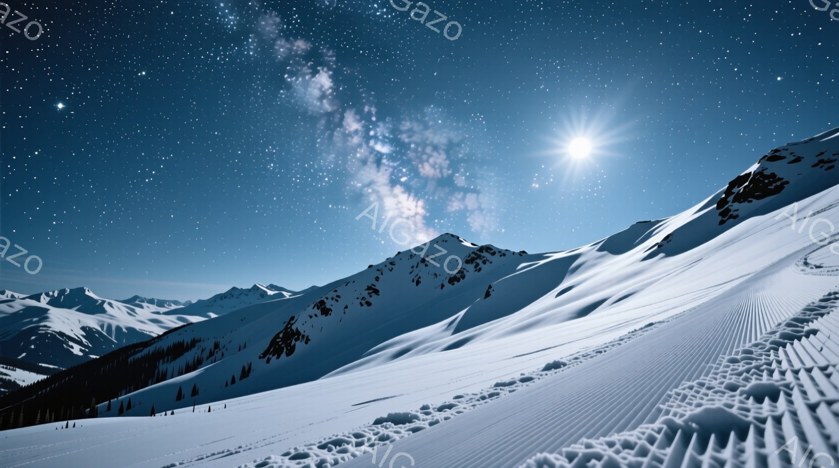 凍てつく夜空の下、雪に覆われた山々が連なっている。遠くに見える山脈は深い影を落とし、手前の斜面にはスキーヤーが作ったと思われる線が規則的に刻まれている。星空と雪の白さが対照的で、静寂と厳しさを感じさせる、息をのむような光景だ。