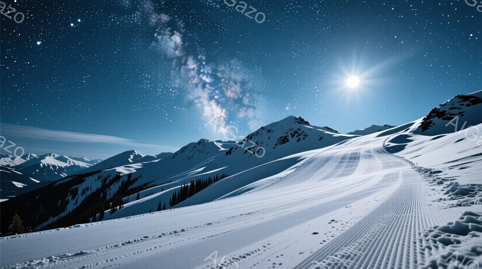 凍てつくような雪景色が広がり、夜空には星が輝いている。スキー場のゲレンデには、雪質を活かした滑り心地の良い斜面が広がり、遠くには雪を頂いた山々が連なっている。夜空には流星のような光跡が走り、静寂と幻想 - AI生成フリー素材