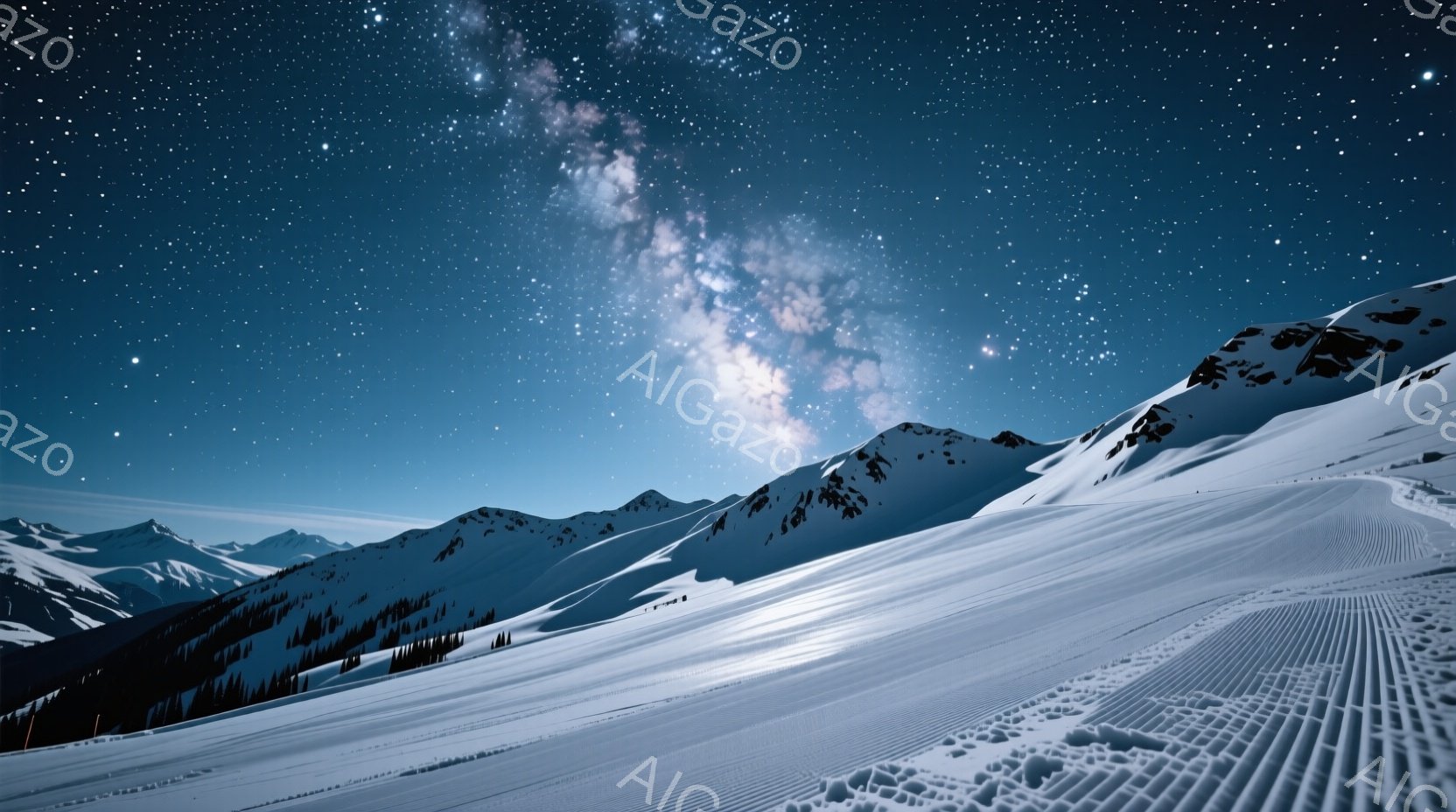 漆黒の夜空に星屑が輝き、雪をまとった山々が連なっている。スキー場のゲレンデは、星空の下、白く静寂に包まれ、夜間照明は確認できない。雪の照り返しと星明かりが、幻想的な雰囲気を醸し出している。 - AI生成フリー素材