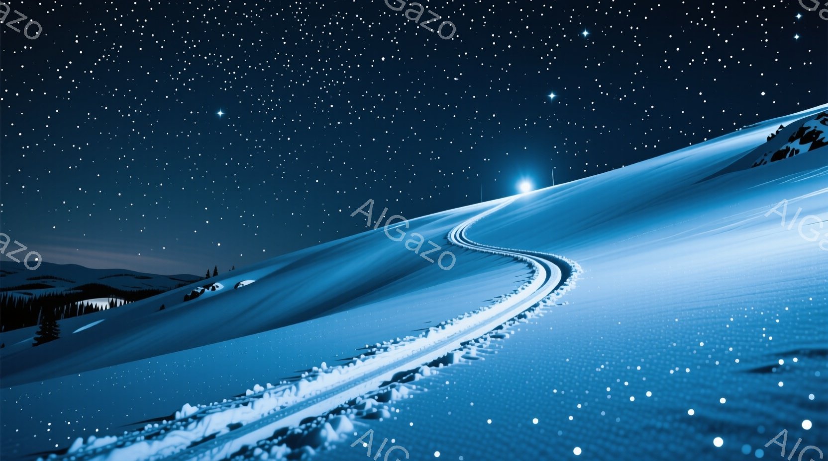 凍てつくような雪景色が広がり、遠くに暗い森が見える丘陵地帯の雪道が印象的だ。雪道は月明かりに照らされ、その先にわずかな光が灯っている。全体的に静寂で神秘的な雰囲気が漂い、冬の夜の幻想的な風景が表現されている。