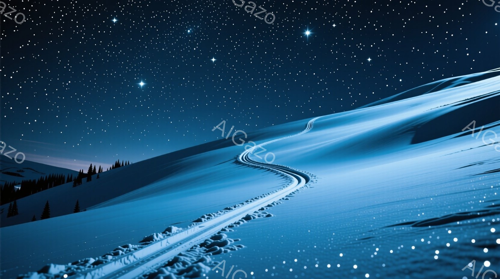 深い青色の雪景色が広がり、遠くには緑の木々のシルエットが見える。雪原には、タイヤの跡が長く伸びており、夜空には星が輝いている。全体的に静かで幻想的な雰囲気が漂い、冬の夜の神秘的な美しさを表現している。 - AI生成フリー素材