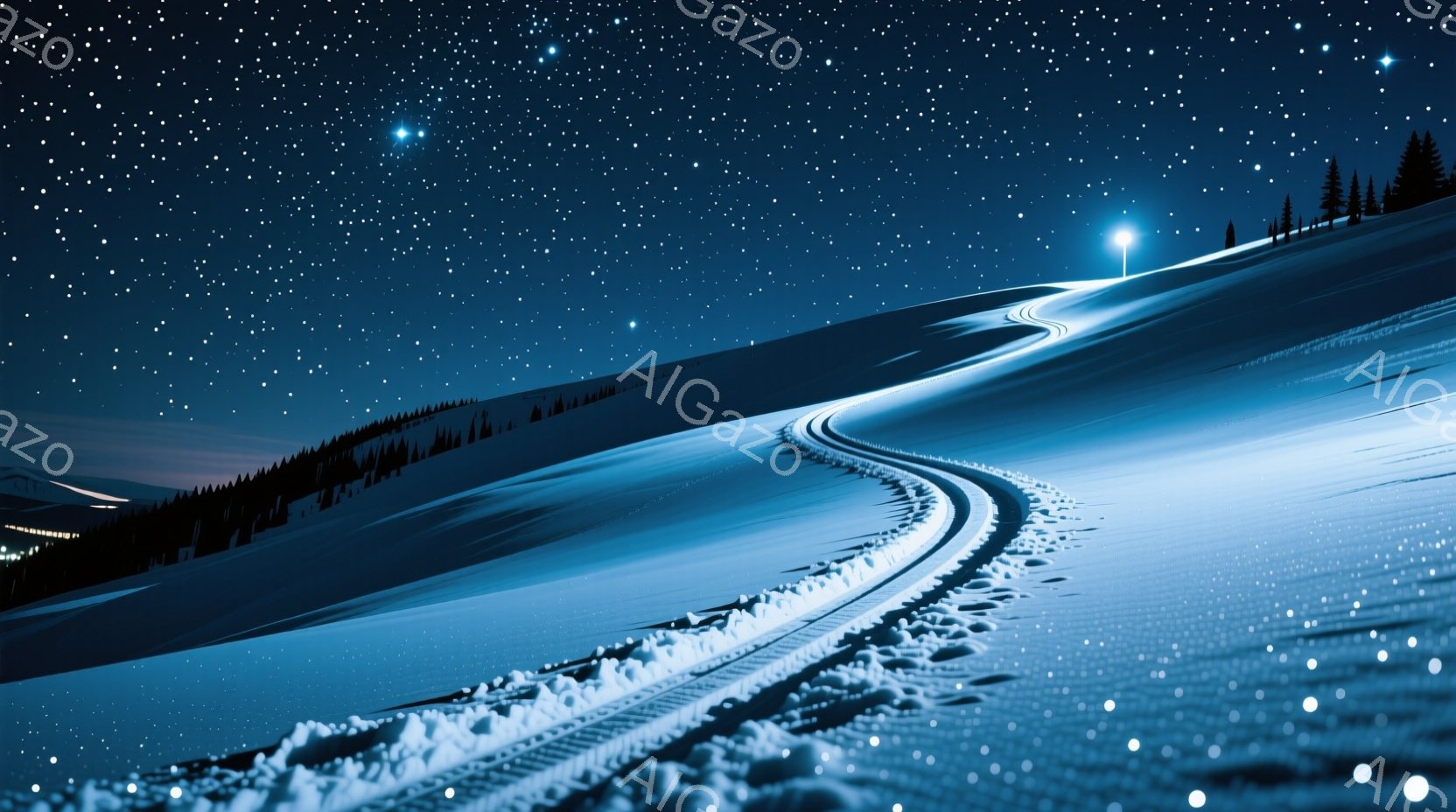 雪深い山間の夜の風景が広がっている。タイヤの跡が雪面に長く続き、遠方には街の灯りが見える。星空が広がり、静寂で神秘的な雰囲気を醸し出している。