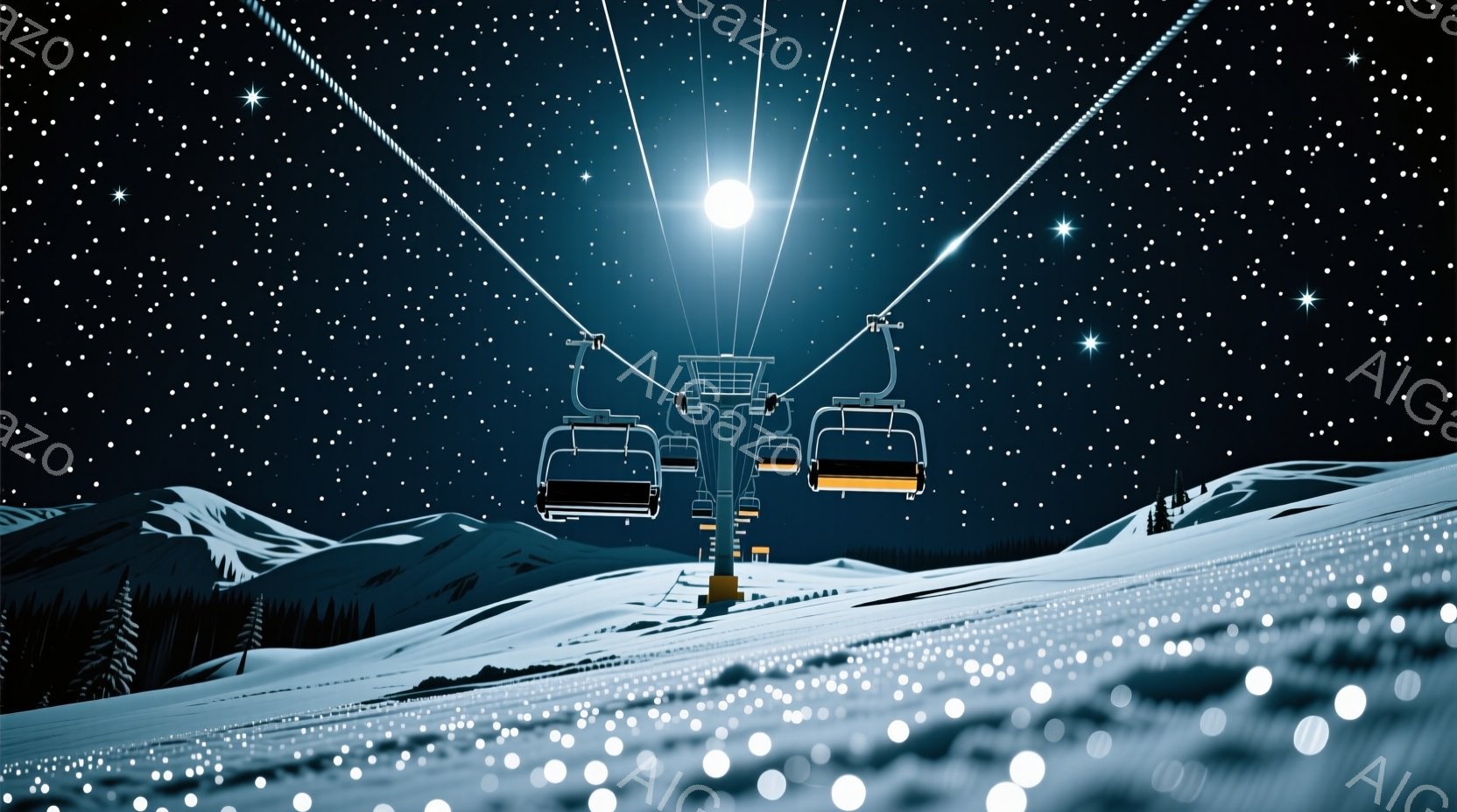 夜のスキー場で、リフトが雪原を走っている様子が描かれています。背景には雪をまとった山々と、星空が広がり、リフトからの光線が月に向かっているように見えます。全体的に静かで幻想的な雰囲気で、冬の夜のスキーを楽しむ様子を想像させます。