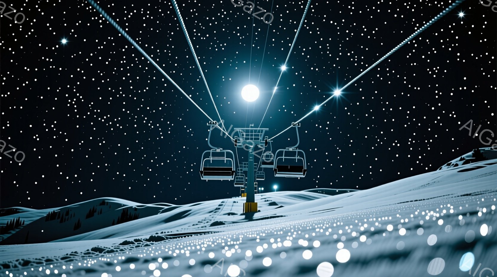 夜のスキー場で、リフトが雪山を静かに駆け上がっています。雪面は細かい光の粒子で覆われ、幻想的な雰囲気を醸し出しており、背景には遠くの山々がシルエットとして浮かび上がっています。満月が輝き、リフトを照らし出すことで、静寂で美しい冬の夜の情景が表現されています。