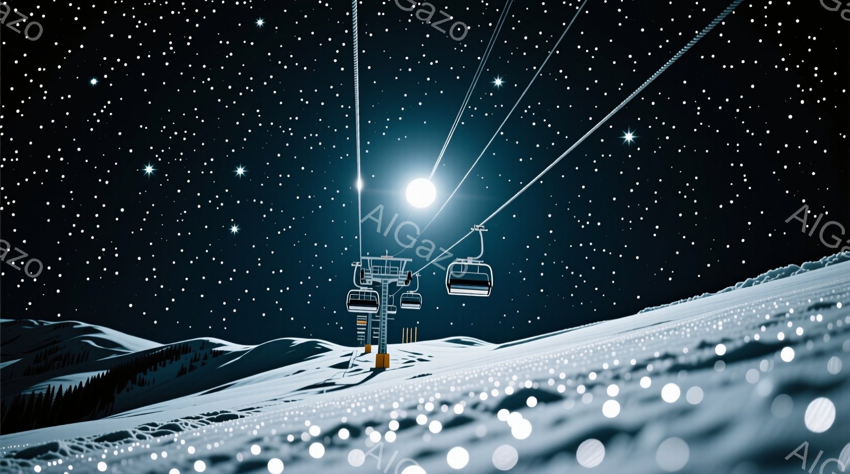 雪が降り積もる山を背景に、夜間のスキーリフトが描かれています。リフトは静寂の中に浮かび、遠くには明るい満月が輝き、星空が広がっています。雪の反射と月光が幻想的な雰囲気を醸し出し、冬の静けさと美しさを表現しています。