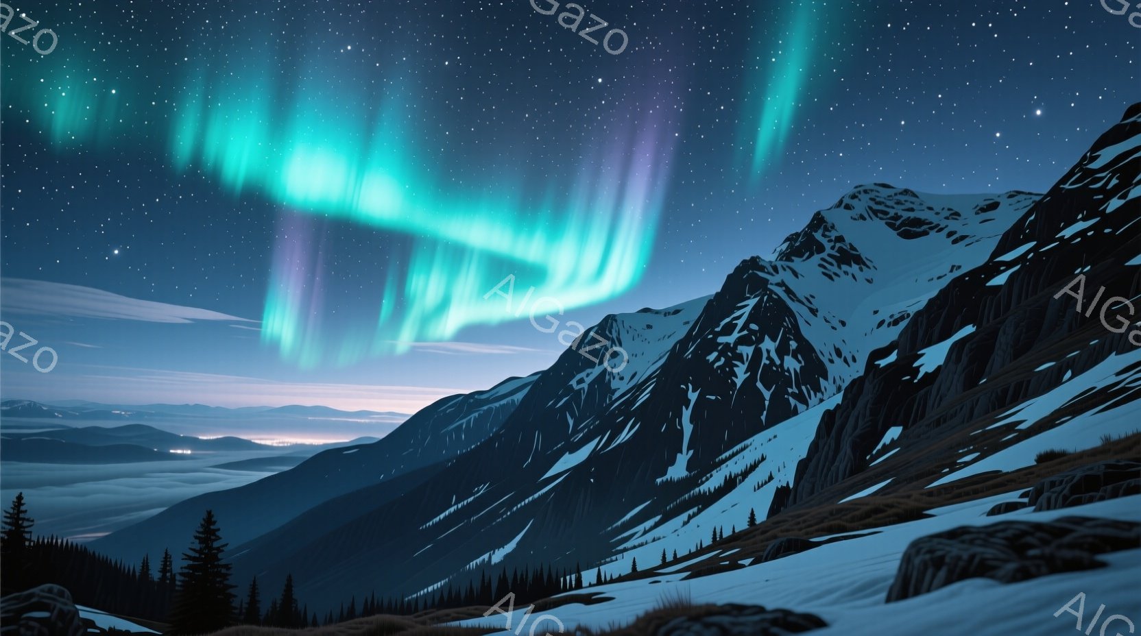 険しい雪山が連なり、暗い空には緑と紫色のオーロラが流れている。山脚には暗い影の中に針葉樹林が見え、遠くには街の灯りもわずかに見える夜の風景だ。全体的に静寂で神秘的な雰囲気が漂っている。