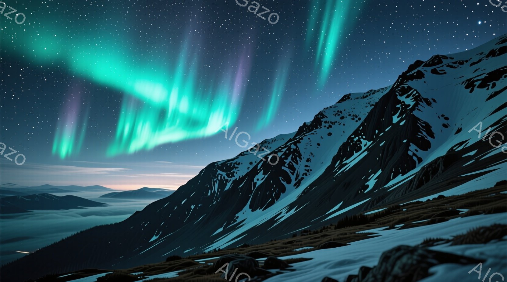 険しい山々が雪を抱き、暗い夜空に輝くオーロラが幻想的な光景を作り出している。山肌には岩がむき出しになり、麓には雲海が広がり、静寂と壮大さを感じさせる。オーロラの緑と紫のグラデーションが、夜空を彩り、神 - AI生成フリー素材