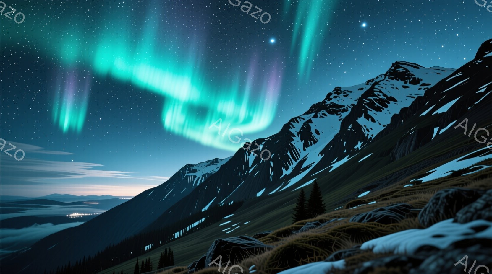 雪を頂いた山々が連なり、その上空にはオーロラが幻想的に輝いている。山脚には針葉樹林が広がり、麓にはぼんやりと街明かりが見える静寂な夜の風景だ。全体的に冷たい空気を感じさせつつ、オーロラの緑色の光が神秘的な雰囲気を醸し出している。