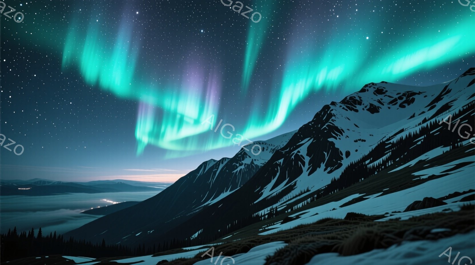 険しい雪を頂いた山々が連なり、その背後に広がる谷間には薄暗い街明かりが点在している。夜空には緑と紫が混ざり合ったオーロラが壮大に広がり、幻想的な雰囲気を醸し出している。雪山とオーロラのコントラストが、神秘的で静寂な自然の風景を描き出している。