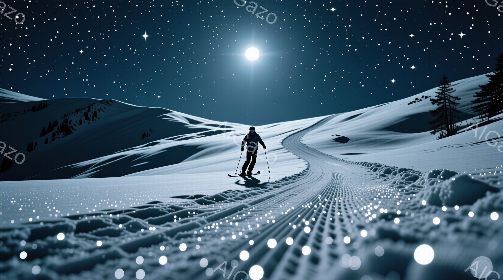 凍てつくような夜の雪景色の中に、スキーヤーが滑走している。スキーヤーは黒いスキーウェアと帽子を身に着け、後ろを振り返ることなく、雪道をまっすぐ進んでいる。背景には、雪に覆われた山々と、星空と月が広がり - AI生成フリー素材