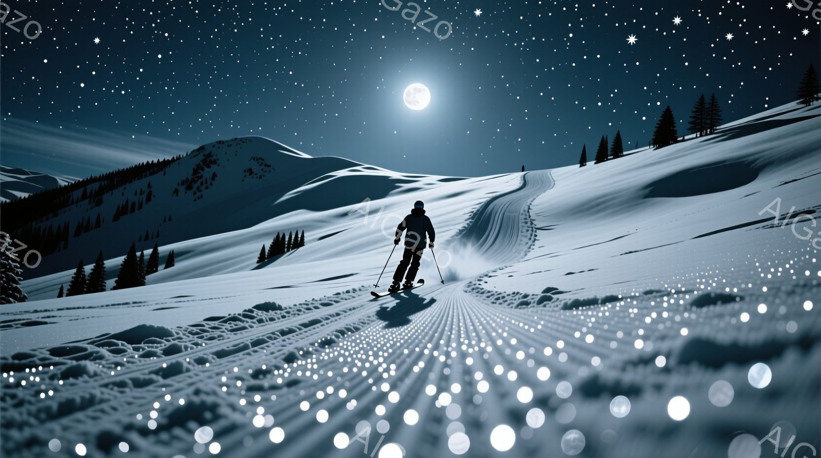 スキーヤーは雪に覆われた丘を滑り降りています。黒いスキーウェアとゴーグルを着用し、後ろを振り返ることなく前進しています。背景には、針葉樹の森と満月が輝く夜空が広がっており、雪原には無数の光の粒子が舞い、幻想的な雰囲気を醸し出しています。