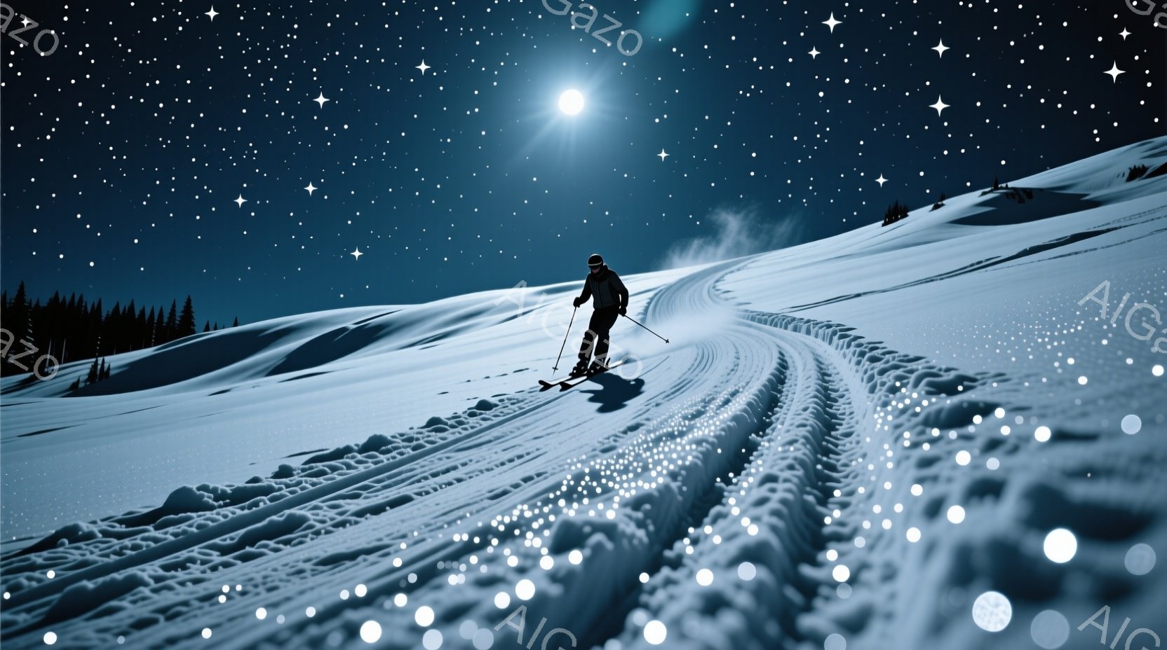 白い雪の上をスキーヤーが滑走している様子が描かれています。スキーヤーは黒いスキーウェアとゴーグルを着用し、少し前かがみの姿勢でスピードに乗っています。背景には暗い森と、星が輝く夜空が広がり、月明かりが雪面を照らし、幻想的な雰囲気を醸し出しています。