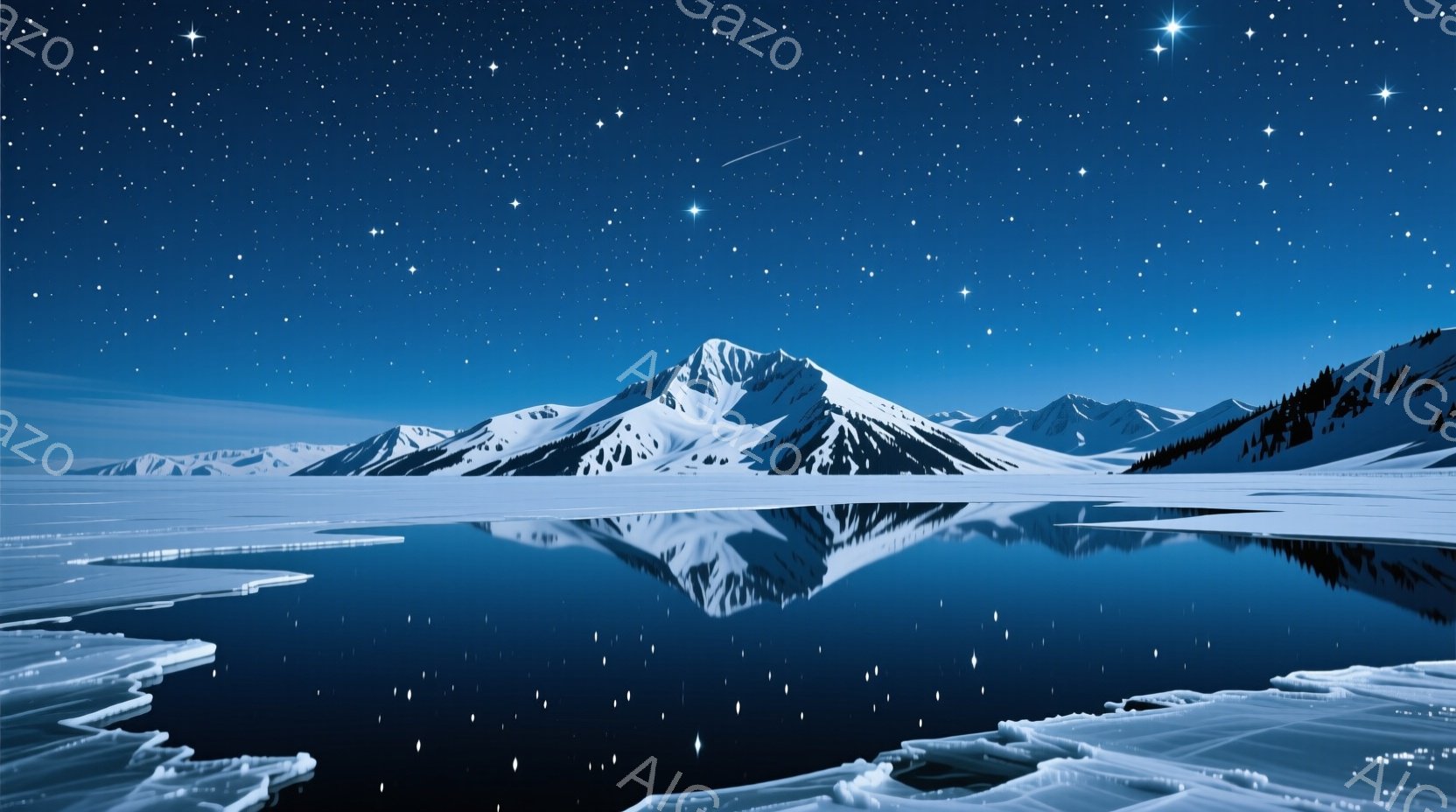 氷点下の夜空を背景に、雪を頂いた山々が静かに佇み、その姿が凍てついた湖面に完璧に映し出されている。湖面の一部は氷に覆われ、星空と山の反射が織りなす幻想的な光景が広がっている。全体的に静寂で神秘的な雰囲気が漂い、冬の夜の美しさを際立たせている。