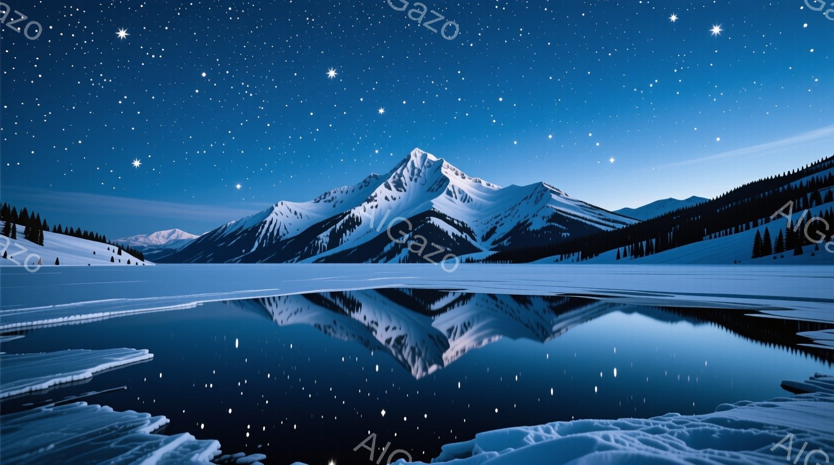 凍てつくような夜空の下、雪を頂いた山々が静かに佇み、その姿が鏡のような湖面に完璧に映し出されている。湖の周辺には雪原が広がり、遠くには暗緑色の針葉樹林が連なっている。星が煌めく夜空と雪景色が作り出す神 - AI生成フリー素材