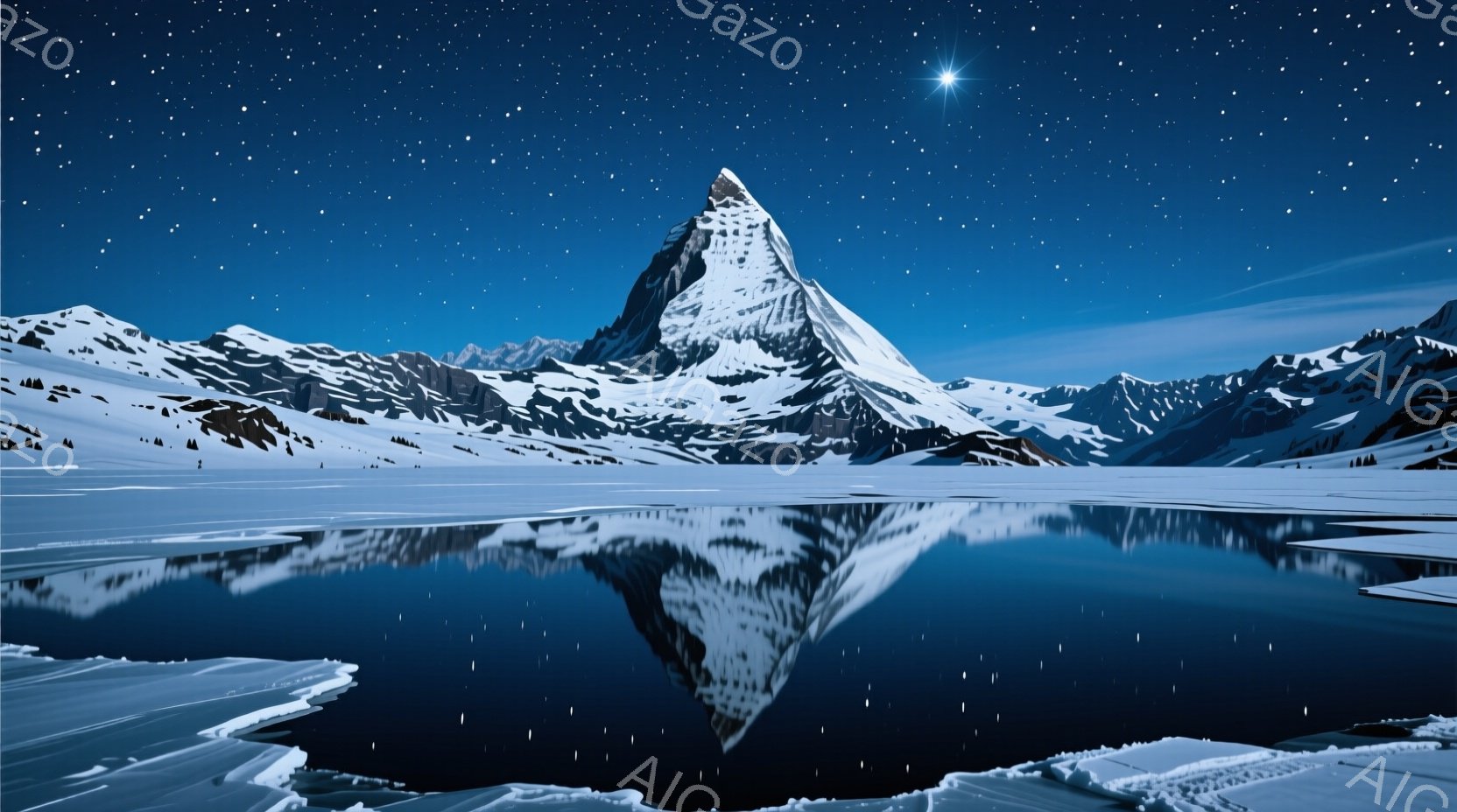 氷と雪に覆われた山々が、静かな湖面に鏡のように映り込んでいます。夜空には星が輝き、特に一つの星が際立って明るく光っています。雪原は凍りつき、全体的に静寂で神秘的な雰囲気が漂っています。