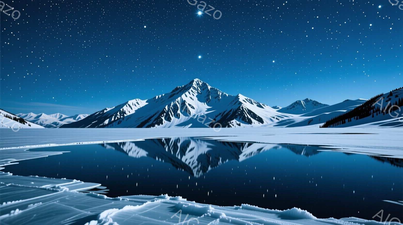 雪を頂いた山々が、静かな湖面に美しく映り込んでいる光景だ。夜空には星が輝き、湖面は静寂に包まれ、まるで鏡のように山々を映し出している。全体的に静かで神秘的な雰囲気が漂い、冬の厳しさと美しさが共存してい - AI生成フリー素材