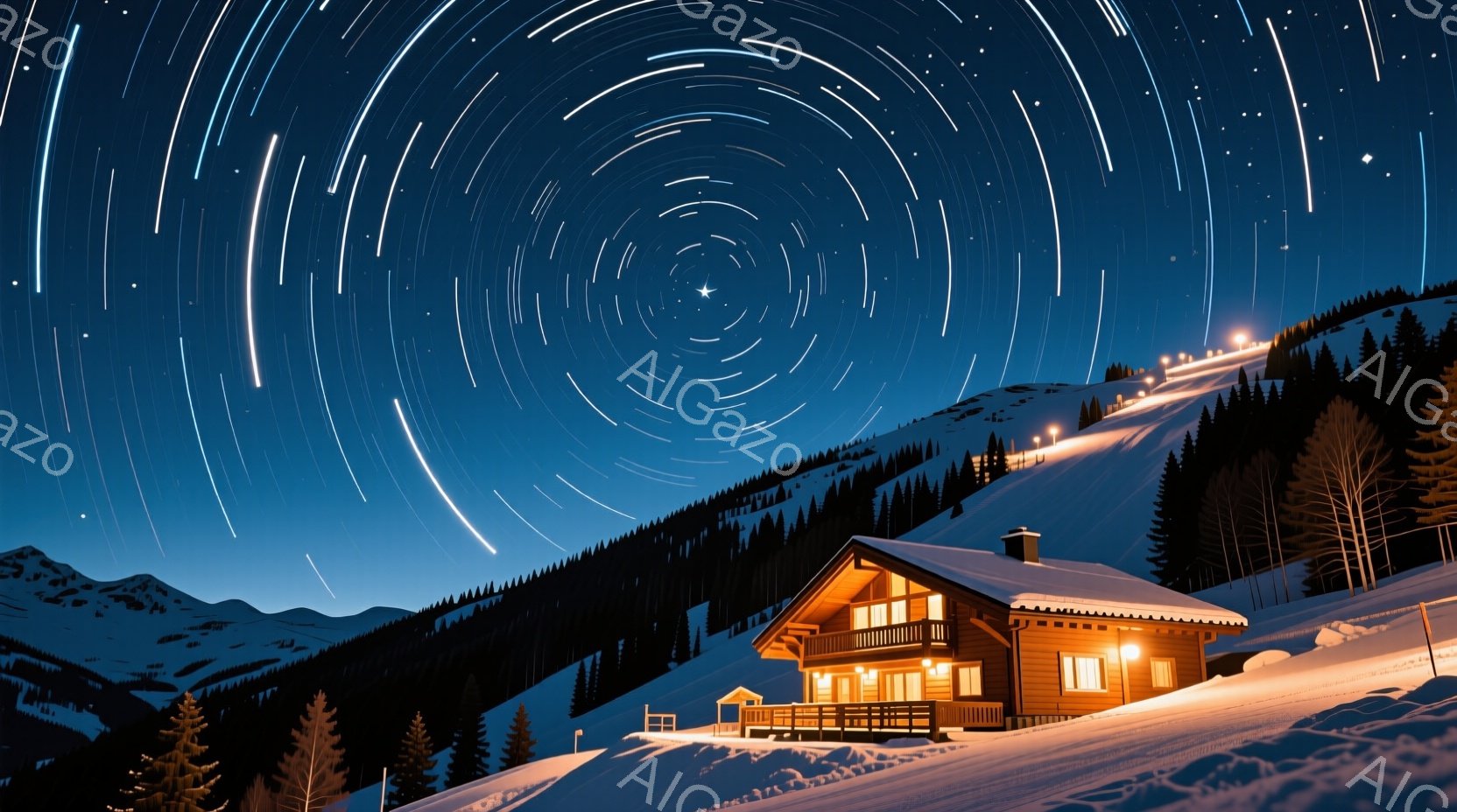 雪深い山中に佇む木造の山小屋が、暖かい光を放ちながら見える。夜空には美しい星の軌跡が渦巻き状に広がり、雪山を幻想的に照らし出している。周囲は暗い針葉樹林に覆われ、静寂の中、小屋の明かりが温もりを感じさせる、冬の夜の情景である。