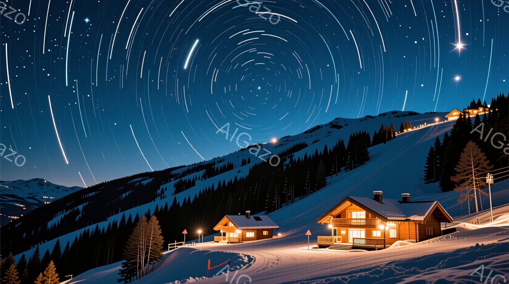 夜空には星の軌跡が渦巻き状に広がり、雪に覆われた山々と木々に幻想的な光を投げかけている。麓には温かい光を灯したログハウスがいくつか建っており、静かで穏やかな冬の夜の雰囲気を醸し出している。雪深い景色と星空のコントラストが、神秘的で美しい情景を作り出している。