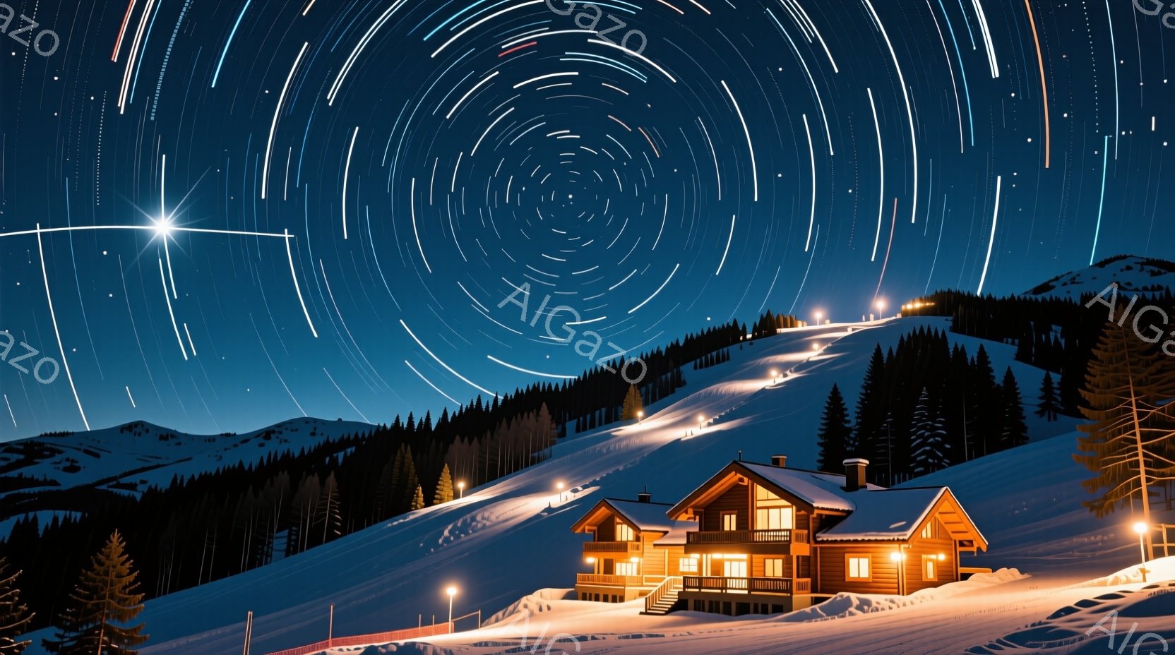 夜の雪山を背景に、温かい光を放つ木造の山小屋が建っている。空には星空が広がり、星の軌跡が円を描くように写し出されている。雪に覆われた山々は静寂を保ち、暖かく光る小屋とのコントラストが、幻想的で穏やかな雰囲気を醸し出している。
