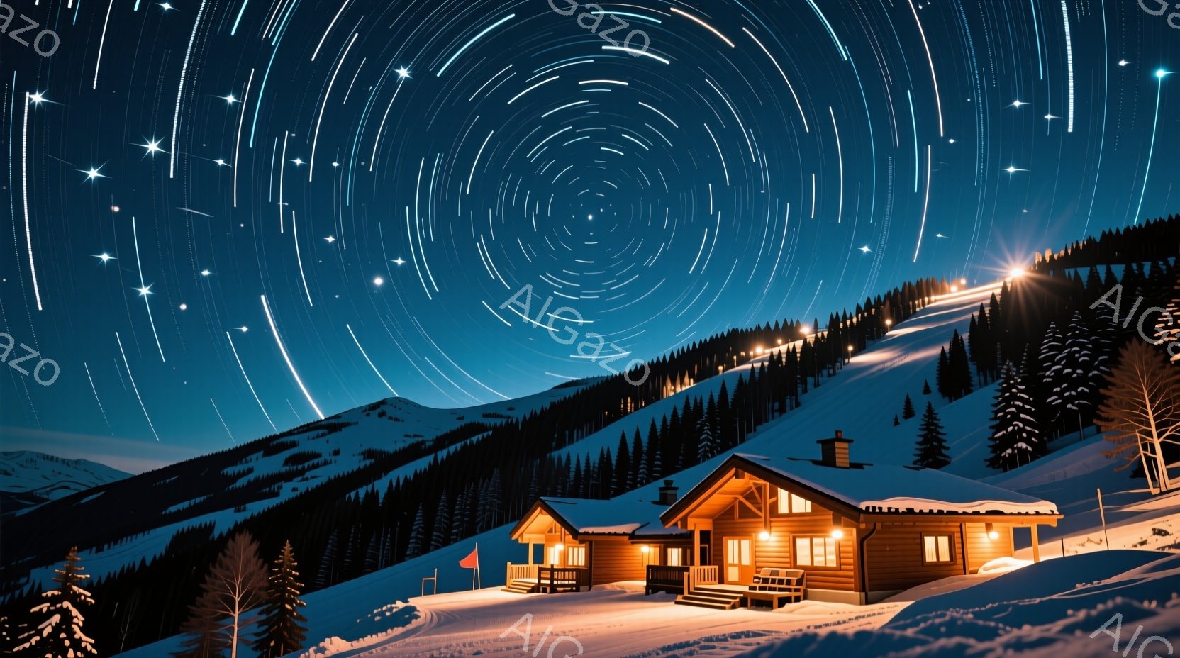 凍てつくような夜のスキーリゾートで、暖かく光る木造のキャビンが印象的です。周囲は雪に覆われた山々、そして星空が作り出す壮大な星軌が広がっています。キャビンの明かりが雪原を照らし、静寂で幻想的な雰囲気を醸し出しています。