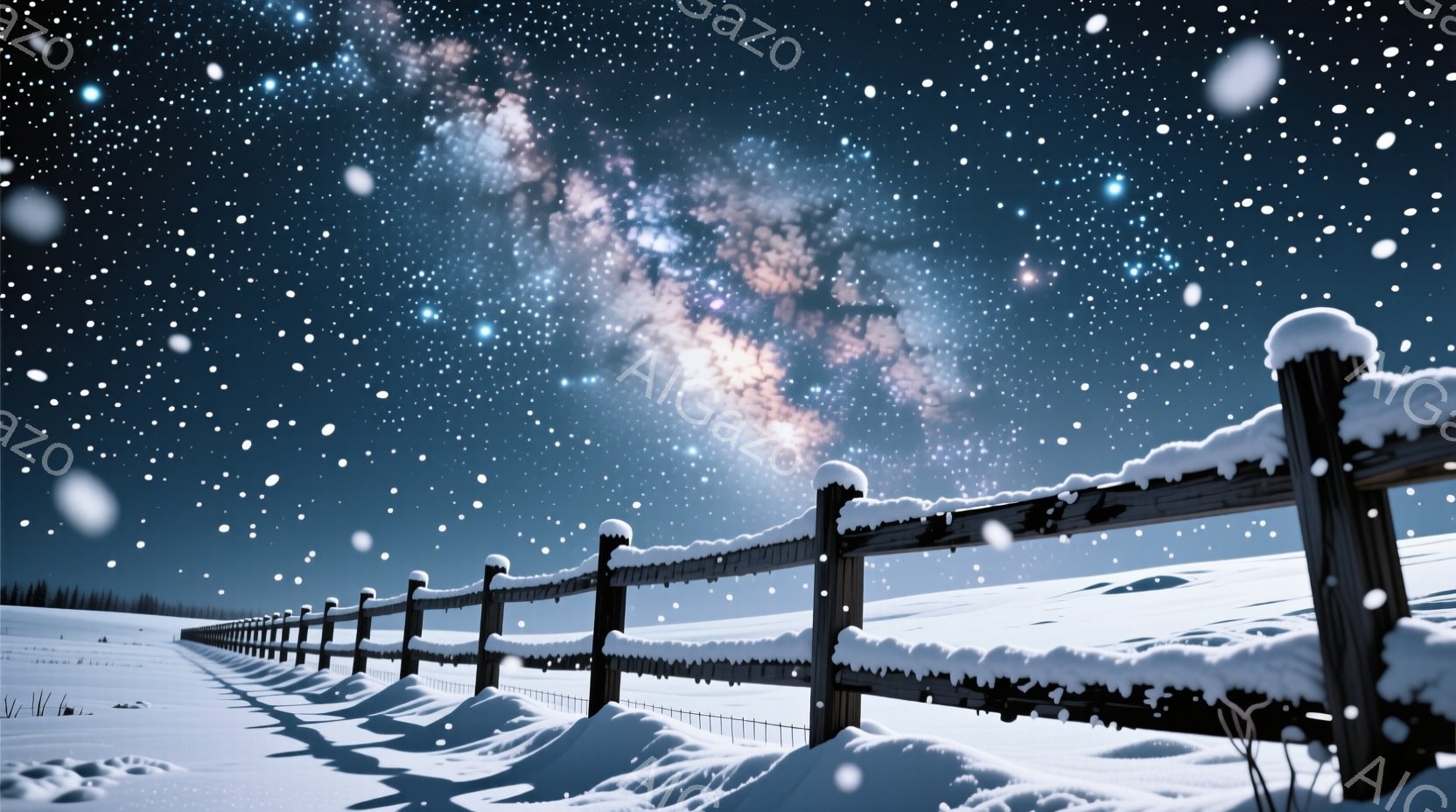 凍てつくような雪景色の中に、雪を頂いた木製の柵が長く伸びている。夜空は無数の星と、幻想的な天の川で満たされ、雪原に柔らかい光を投げかけている。全体的に静寂で神秘的な雰囲気が漂い、冬の夜の美しさを際立たせている。