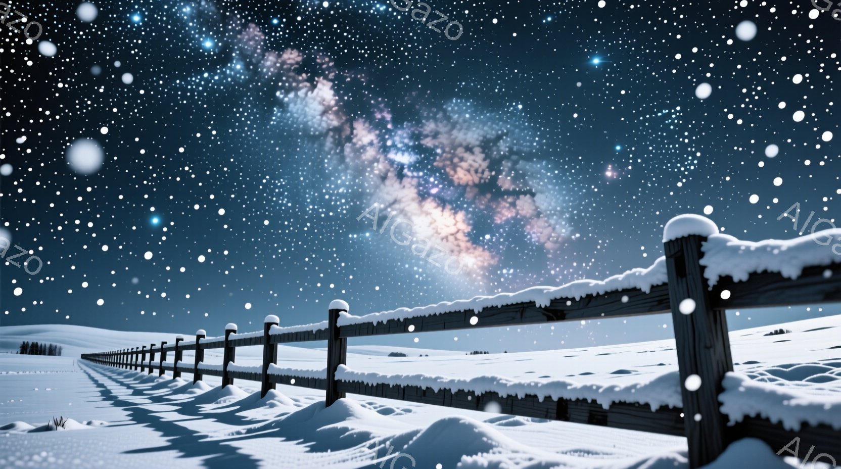 広大な雪原に、雪を頂いた木の柵が長く続いています。背景には、幻想的な銀河が広がり、夜空に無数の星が輝いています。冷たく静寂な冬の夜の風景で、神秘的な雰囲気が漂っています。