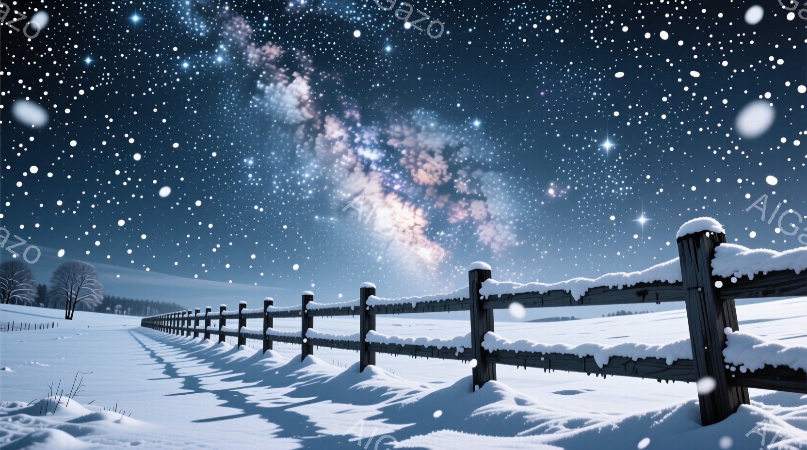 雪に覆われた野原に、古びた木の柵が並んでいる。夜空にはミルキーウェイが壮大に広がり、無数の星が輝いている。静寂で幻想的な雰囲気で、冬の夜の美しさを表現している。