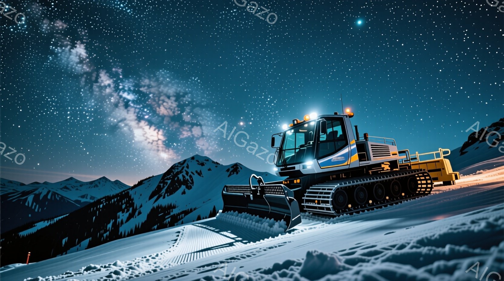 夜空に輝く天の川の下、雪に覆われた山を大型の雪上車が走行している。雪上車のライトが雪面を照らし、車両の鮮やかな黄色が夜の暗闇に際立っている。背景には雪を抱いた山々が連なり、冬の静寂と壮大さを表現している。