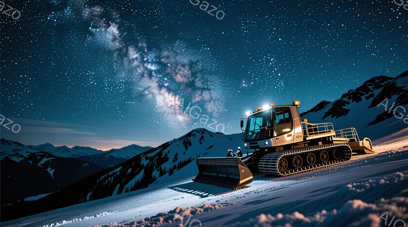 夜空に輝く星々と雪に覆われた山々が広がる風景の中に、大型の雪上車が描かれている。雪上車は勾配のきつい雪面に停車しており、そのヘッドライトが雪面を照らし出している。背景には、雪をまとった山々のシルエット - AI生成フリー素材